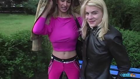 Tomi and Jasmine expertly engulf and straddle an enormous rigid dildo
