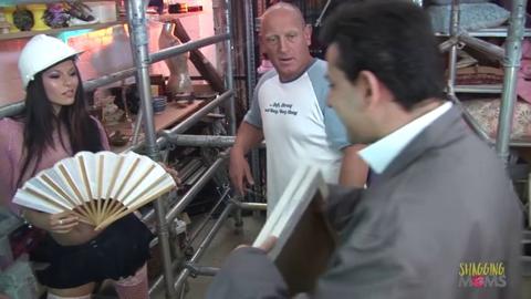 Two brunette babes get gang-banged on a factory floor during a sultry smoke break