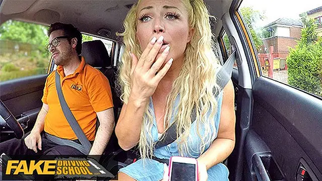 Wild Bunched Blonde MILF Strips for Car Sex in Fake Driving School