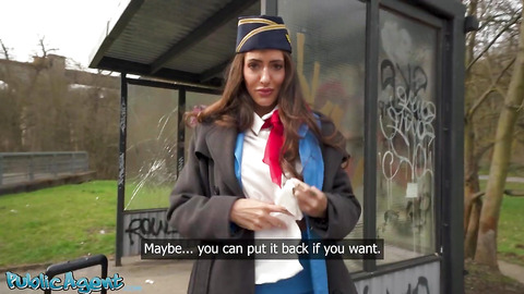 Public Agent - Big tits brunette air hostess Coco Bae POV blowjob hot sex outdoors fast hard fuck