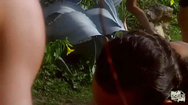 Walking in on a threesome gets this couple in the mood for sex  They go into the garden and start un