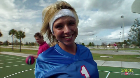 Coach gets to fuck a busty blonde football player after getting a blowjob