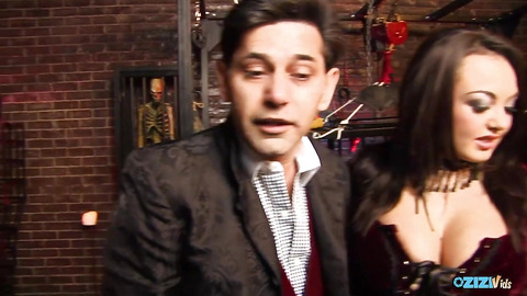 One guy gets to have a threesome with two sluts in the sex dungeon