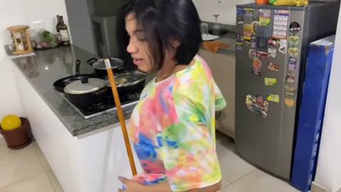 Seductive mom in undies cleans dishes while son takes advantage