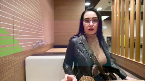 Old dude gets sloppy seconds on thirsty stepmom in nasty public toilet tryst, cums in her coffee?